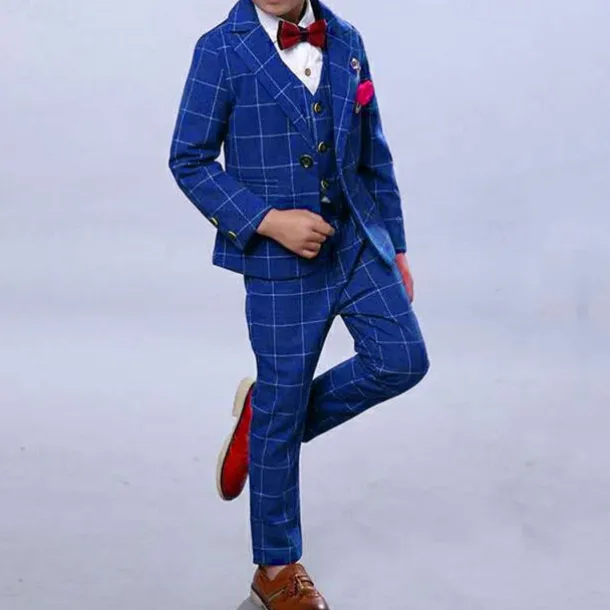 3 Pieces Ring Bearer Suit Boys Kids Suit Formal Suit Suit & Blazer Tank & Pants Formal Anniversary Cool Gentle Plaid Wine Blue Gray Cotton