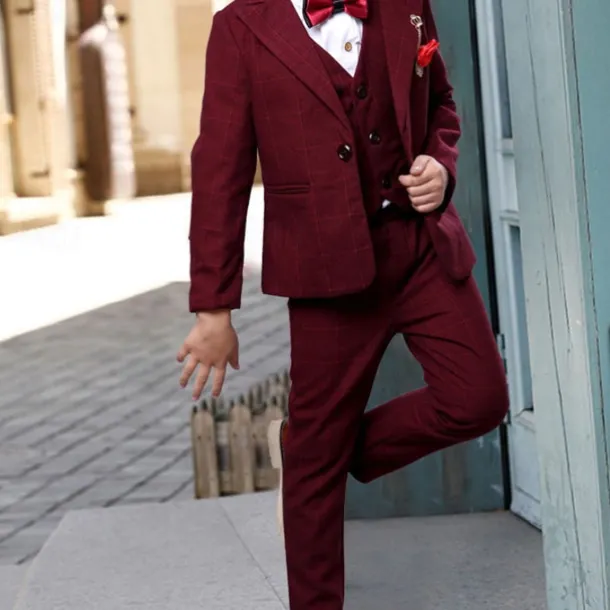 3 Pieces Ring Bearer Suit Boys Kids Suit Formal Suit Suit & Blazer Tank & Pants Formal Anniversary Cool Gentle Plaid Wine Blue Gray Cotton