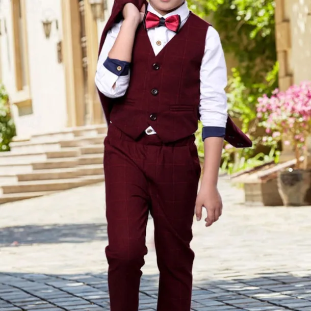 3 Pieces Ring Bearer Suit Boys Kids Suit Formal Suit Suit & Blazer Tank & Pants Formal Anniversary Cool Gentle Plaid Wine Blue Gray Cotton