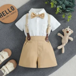 3 Pieces Ring Bearer Suit Boys Kids Toddler Shirt & Shorts School Formal Party Fashion Gentle Solid Color V Neck White Cotton