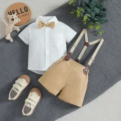 3 Pieces Ring Bearer Suit Boys Kids Toddler Shirt & Shorts School Formal Party Fashion Gentle Solid Color V Neck White Cotton