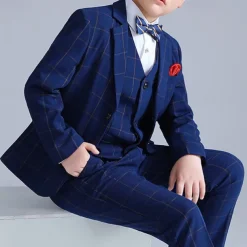 3/4/5 pieces Ring Bearer Suit Boys Kids Suit Formal Suit Blazer & Vest & Pants Formal Party Valentines Fashion Cool Plaid Pocket Navy Blue Polyester