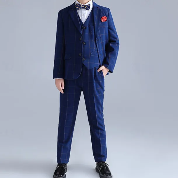 3/4/5 pieces Ring Bearer Suit Boys Kids Suit Formal Suit Blazer & Vest & Pants Formal Party Valentines Fashion Cool Plaid Pocket Navy Blue Polyester