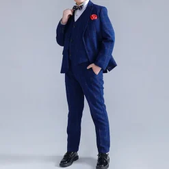 3/4/5 pieces Ring Bearer Suit Boys Kids Suit Formal Suit Blazer & Vest & Pants Formal Party Valentines Fashion Cool Plaid Pocket Navy Blue Polyester