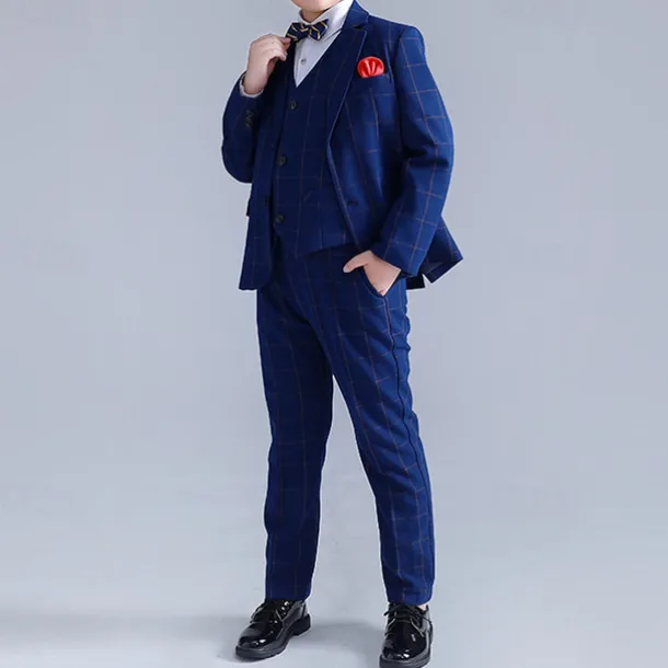 3/4/5 pieces Ring Bearer Suit Boys Kids Suit Formal Suit Blazer & Vest & Pants Formal Party Valentines Fashion Cool Plaid Pocket Navy Blue Polyester