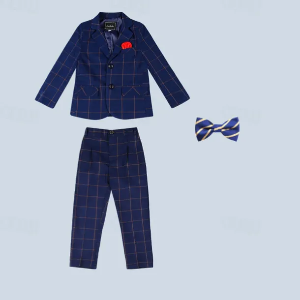 3/4/5 pieces Ring Bearer Suit Boys Kids Suit Formal Suit Blazer & Vest & Pants Formal Party Valentines Fashion Cool Plaid Pocket Navy Blue Polyester
