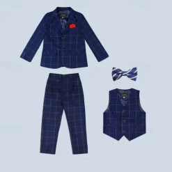 3/4/5 pieces Ring Bearer Suit Boys Kids Suit Formal Suit Blazer & Vest & Pants Formal Party Valentines Fashion Cool Plaid Pocket Navy Blue Polyester