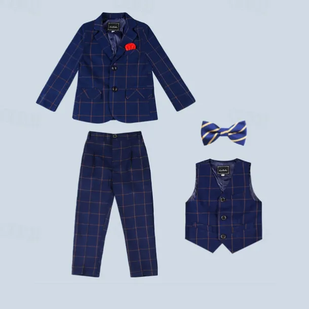 3/4/5 pieces Ring Bearer Suit Boys Kids Suit Formal Suit Blazer & Vest & Pants Formal Party Valentines Fashion Cool Plaid Pocket Navy Blue Polyester
