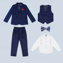3/4/5 pieces Ring Bearer Suit Boys Kids Suit Formal Suit Blazer & Vest & Pants Formal Party Valentines Fashion Cool Plaid Pocket Navy Blue Polyester