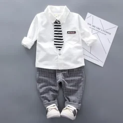 2 Pieces Ring Bearer Suit Boys Kids Shirt & Pants Clothing Set Outdoor Vacation Casual Fashion Casual Plaid Stripe White Gray Cotton