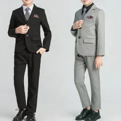 4 Pieces Ring Bearer Suit Boys Kids Suit Formal Suit Blazer & Vest & Pants & Tie Formal Party Valentines Fashion Cool Stripe Pocket Black Gray Polyester