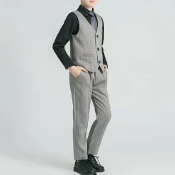 4 Pieces Ring Bearer Suit Boys Kids Suit Formal Suit Blazer & Vest & Pants & Tie Formal Party Valentines Fashion Cool Stripe Pocket Black Gray Polyester
