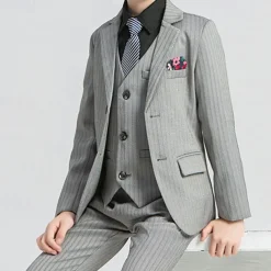 4 Pieces Ring Bearer Suit Boys Kids Suit Formal Suit Blazer & Vest & Pants & Tie Formal Party Valentines Fashion Cool Stripe Pocket Black Gray Polyester