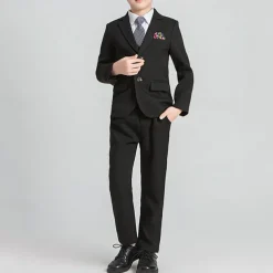 4 Pieces Ring Bearer Suit Boys Kids Suit Formal Suit Blazer & Vest & Pants & Tie Formal Party Valentines Fashion Cool Stripe Pocket Black Gray Polyester