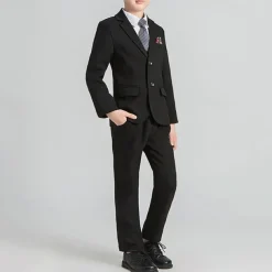 4 Pieces Ring Bearer Suit Boys Kids Suit Formal Suit Blazer & Vest & Pants & Tie Formal Party Valentines Fashion Cool Stripe Pocket Black Gray Polyester