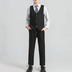 4 Pieces Ring Bearer Suit Boys Kids Suit Formal Suit Blazer & Vest & Pants & Tie Formal Party Valentines Fashion Cool Stripe Pocket Black Gray Polyester