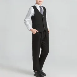 4 Pieces Ring Bearer Suit Boys Kids Suit Formal Suit Blazer & Vest & Pants & Tie Formal Party Valentines Fashion Cool Stripe Pocket Black Gray Polyester