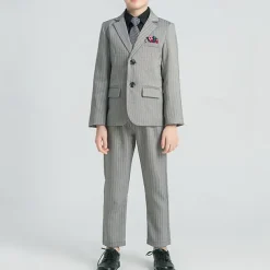 4 Pieces Ring Bearer Suit Boys Kids Suit Formal Suit Blazer & Vest & Pants & Tie Formal Party Valentines Fashion Cool Stripe Pocket Black Gray Polyester