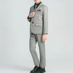4 Pieces Ring Bearer Suit Boys Kids Suit Formal Suit Blazer & Vest & Pants & Tie Formal Party Valentines Fashion Cool Stripe Pocket Black Gray Polyester
