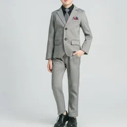 4 Pieces Ring Bearer Suit Boys Kids Suit Formal Suit Blazer & Vest & Pants & Tie Formal Party Valentines Fashion Cool Stripe Pocket Black Gray Polyester