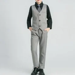4 Pieces Ring Bearer Suit Boys Kids Suit Formal Suit Blazer & Vest & Pants & Tie Formal Party Valentines Fashion Cool Stripe Pocket Black Gray Polyester