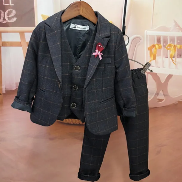 3 Pieces Ring Bearer Suit Boys Kids Suit Formal Suit Suit & Blazer Clothing Set Anniversary Party Street Cool Formal Plaid Navy Blue Purple Gray Cotton