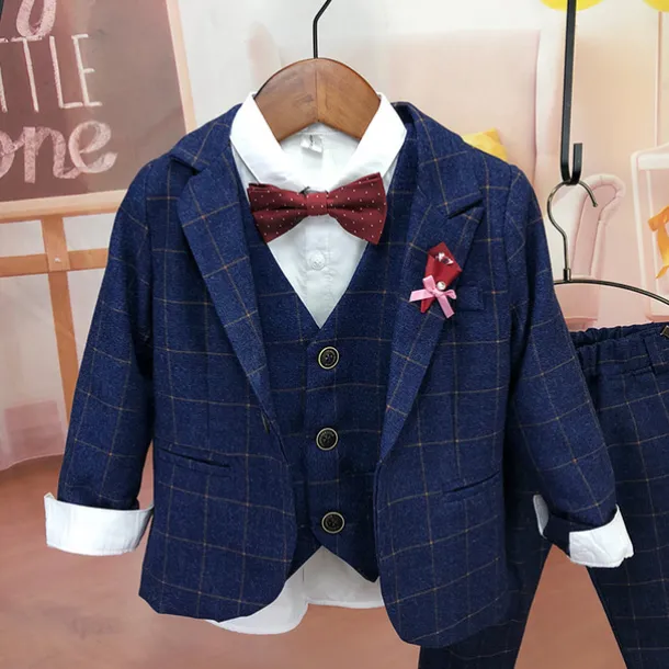 3 Pieces Ring Bearer Suit Boys Kids Suit Formal Suit Suit & Blazer Clothing Set Anniversary Party Street Cool Formal Plaid Navy Blue Purple Gray Cotton
