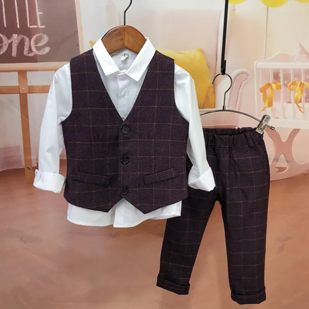 3 Pieces Ring Bearer Suit Boys Kids Suit Formal Suit Suit & Blazer Clothing Set Anniversary Party Street Cool Formal Plaid Navy Blue Purple Gray Cotton