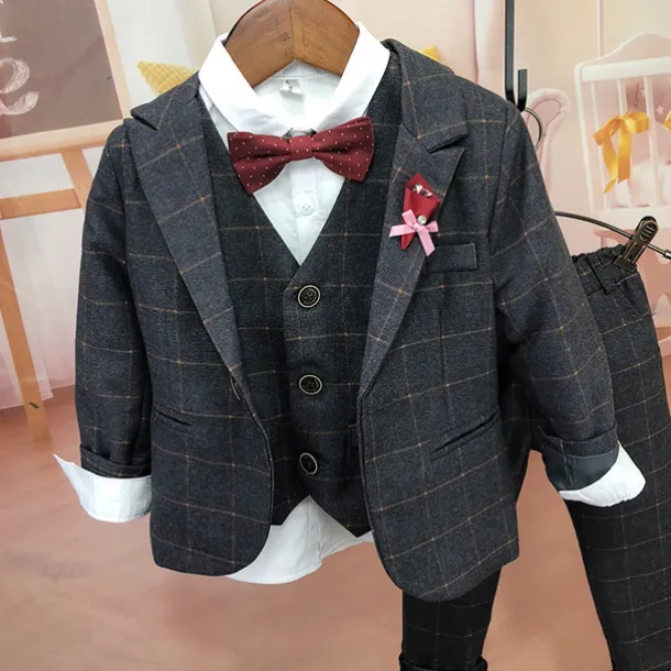 3 Pieces Ring Bearer Suit Boys Kids Suit Formal Suit Suit & Blazer Clothing Set Anniversary Party Street Cool Formal Plaid Navy Blue Purple Gray Cotton