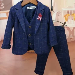 3 Pieces Ring Bearer Suit Boys Kids Suit Formal Suit Suit & Blazer Clothing Set Anniversary Party Street Cool Formal Plaid Navy Blue Purple Gray Cotton