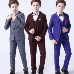 3 Pieces Ring Bearer Suit Boys Kids Toddler Suit Formal Suit Suit & Blazer Pants Set Formal Set Party Special Occasion Vintage Fashion Formal Plaid Bow Red Blue Gray Cotton