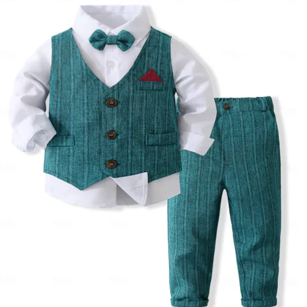 3 Pieces Ring Bearer Suit Boys Kids Suit Formal Suit Shirt & Pants Tank & Pants Clothing Set School Formal Vacation Fashion Basic Formal Stripe Patchwork Blue Khaki Gray Cotton