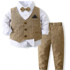 3 Pieces Ring Bearer Suit Boys Kids Suit Formal Suit Shirt & Pants Tank & Pants Clothing Set School Formal Vacation Fashion Basic Formal Stripe Patchwork Blue Khaki Gray Cotton