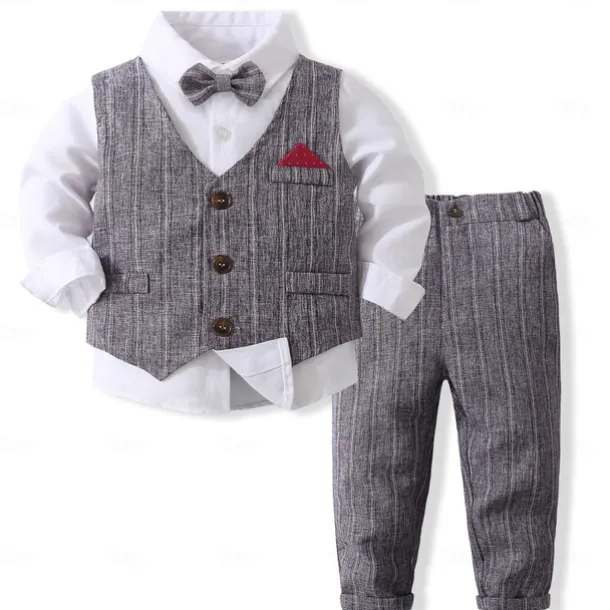 3 Pieces Ring Bearer Suit Boys Kids Suit Formal Suit Shirt & Pants Tank & Pants Clothing Set School Formal Vacation Fashion Basic Formal Stripe Patchwork Blue Khaki Gray Cotton