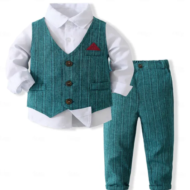 3 Pieces Ring Bearer Suit Boys Kids Suit Formal Suit Shirt & Pants Tank & Pants Clothing Set School Formal Vacation Fashion Basic Formal Stripe Patchwork Blue Khaki Gray Cotton