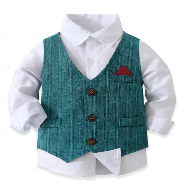 3 Pieces Ring Bearer Suit Boys Kids Suit Formal Suit Shirt & Pants Tank & Pants Clothing Set School Formal Vacation Fashion Basic Formal Stripe Patchwork Blue Khaki Gray Cotton