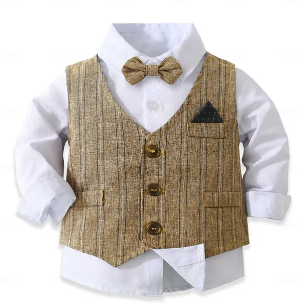 3 Pieces Ring Bearer Suit Boys Kids Suit Formal Suit Shirt & Pants Tank & Pants Clothing Set School Formal Vacation Fashion Basic Formal Stripe Patchwork Blue Khaki Gray Cotton