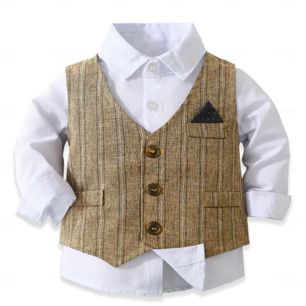 3 Pieces Ring Bearer Suit Boys Kids Suit Formal Suit Shirt & Pants Tank & Pants Clothing Set School Formal Vacation Fashion Basic Formal Stripe Patchwork Blue Khaki Gray Cotton