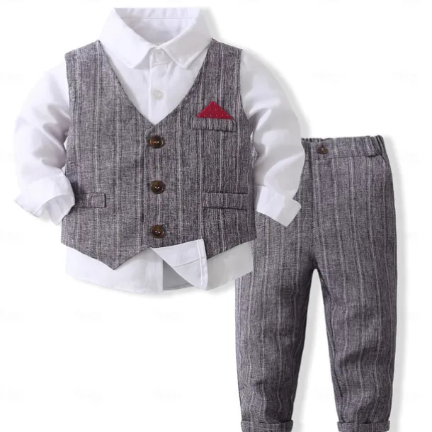 3 Pieces Ring Bearer Suit Boys Kids Suit Formal Suit Shirt & Pants Tank & Pants Clothing Set School Formal Vacation Fashion Basic Formal Stripe Patchwork Blue Khaki Gray Cotton