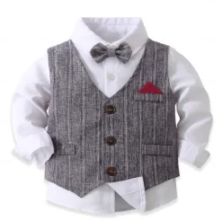 3 Pieces Ring Bearer Suit Boys Kids Suit Formal Suit Shirt & Pants Tank & Pants Clothing Set School Formal Vacation Fashion Basic Formal Stripe Patchwork Blue Khaki Gray Cotton