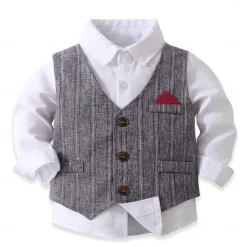 3 Pieces Ring Bearer Suit Boys Kids Suit Formal Suit Shirt & Pants Tank & Pants Clothing Set School Formal Vacation Fashion Basic Formal Stripe Patchwork Blue Khaki Gray Cotton