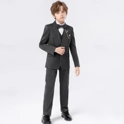 5 Pieces Ring Bearer Suit Boys Kids Suit Formal Suit Blazer & Vest & Pants & Brooch & Tie Formal Party Valentines Fashion Cool Stripe Pocket Khaki Dark Gray Polyester