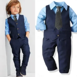 4 Pieces Ring Bearer Suit Boys Kids Suit Formal Suit Suit & Blazer Formal Party Fashion Solid Color Buttons Pocket Sky Blue Cotton