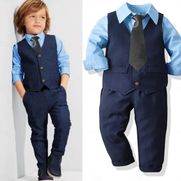 4 Pieces Ring Bearer Suit Boys Kids Suit Formal Suit Suit & Blazer Formal Party Fashion Solid Color Buttons Pocket Sky Blue Cotton