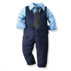 4 Pieces Ring Bearer Suit Boys Kids Suit Formal Suit Suit & Blazer Formal Party Fashion Solid Color Buttons Pocket Sky Blue Cotton