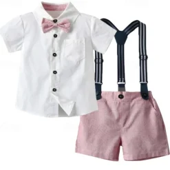 2 Pieces Ring Bearer Suit Boys Kids Shirt & Shorts Clothing Set Outdoor Street Fashion Cool Casual Solid Color Bow Pink Green Cotton