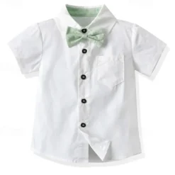2 Pieces Ring Bearer Suit Boys Kids Shirt & Shorts Clothing Set Outdoor Street Fashion Cool Casual Solid Color Bow Pink Green Cotton