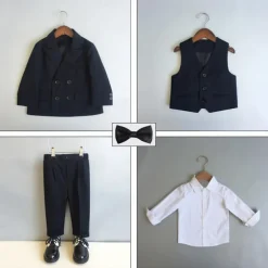 6 Pieces Ring Bearer Suit Boys Kids Suit Formal Suit Blazer & Vest & Pants & Brooch & Tie Shirt & Pants Formal Party Valentines Fashion Cool Stripe Pocket Black Polyester