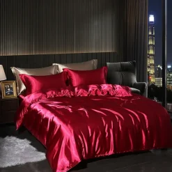 4 Pieces Satin Silk Bedding Set with Fitted Sheets Duvet Cover Sets Summer Solid Color Comforters Covers with 2 Pillowcases