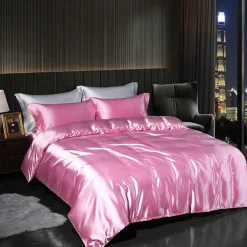 4 Pieces Satin Silk Bedding Set with Fitted Sheets Duvet Cover Sets Summer Solid Color Comforters Covers with 2 Pillowcases